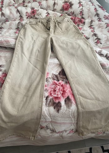 Düğmeli Bej Kadın Uzun Bol Kesim Keten Pantolon - Görsel 2