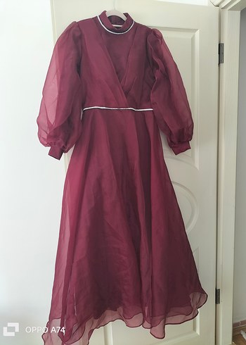 Bordo Uzun Kollu Yüksek Yaka Kadın Elbise - Görsel 4