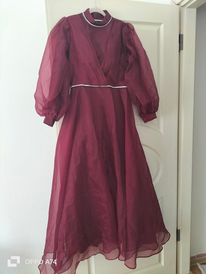 Bordo Uzun Kollu Yüksek Yaka Kadın Elbise - Görsel 4