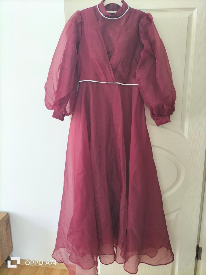 Bordo Uzun Kollu Yüksek Yaka Kadın Elbise - Görsel 2