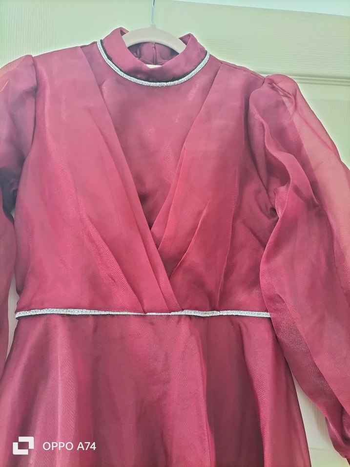 Bordo Uzun Kollu Yüksek Yaka Kadın Elbise - Görsel 3