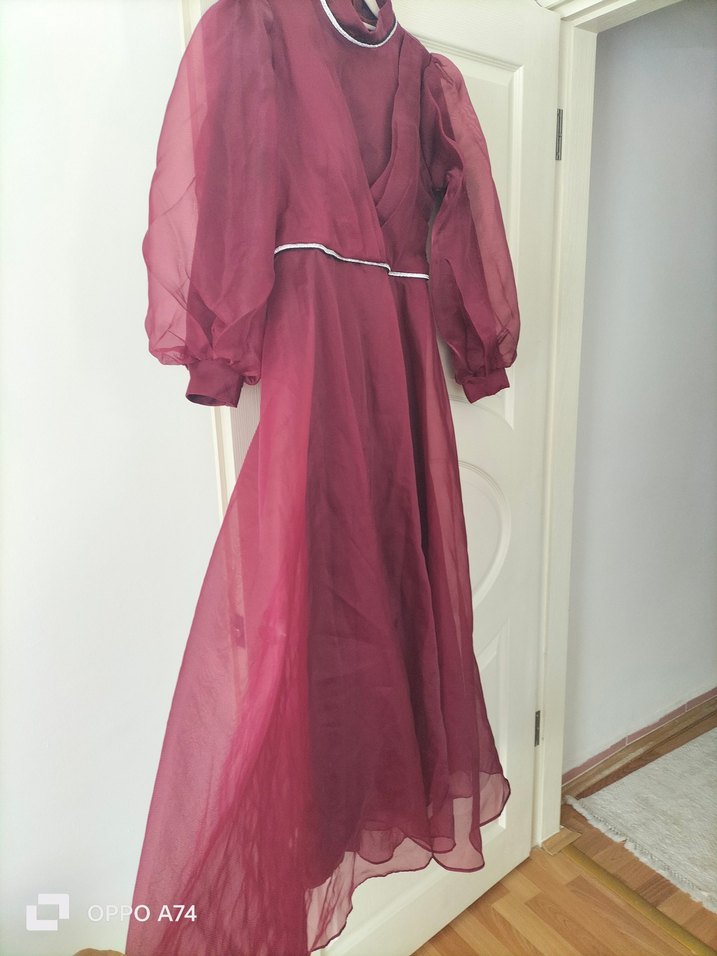 Bordo Uzun Kollu Yüksek Yaka Kadın Elbise - Görsel 5