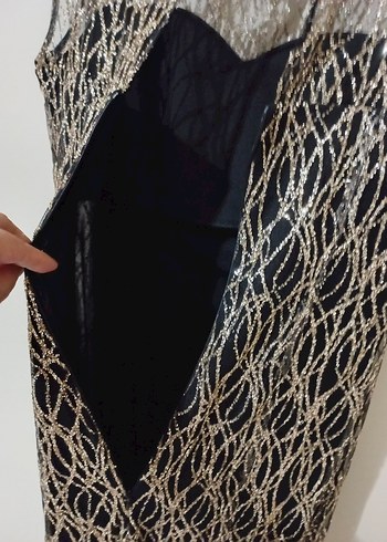 Gold  Dantel Detaylı Uzun Abiye Elbise - Görsel 11