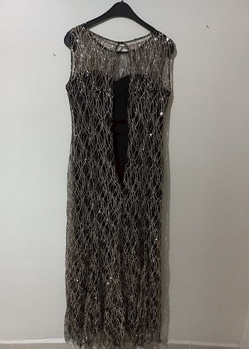 Gold  Dantel Detaylı Uzun Abiye Elbise - Görsel 5