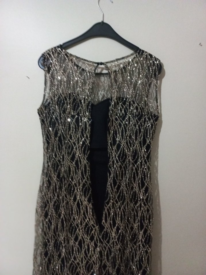 Gold  Dantel Detaylı Uzun Abiye Elbise - Görsel 2