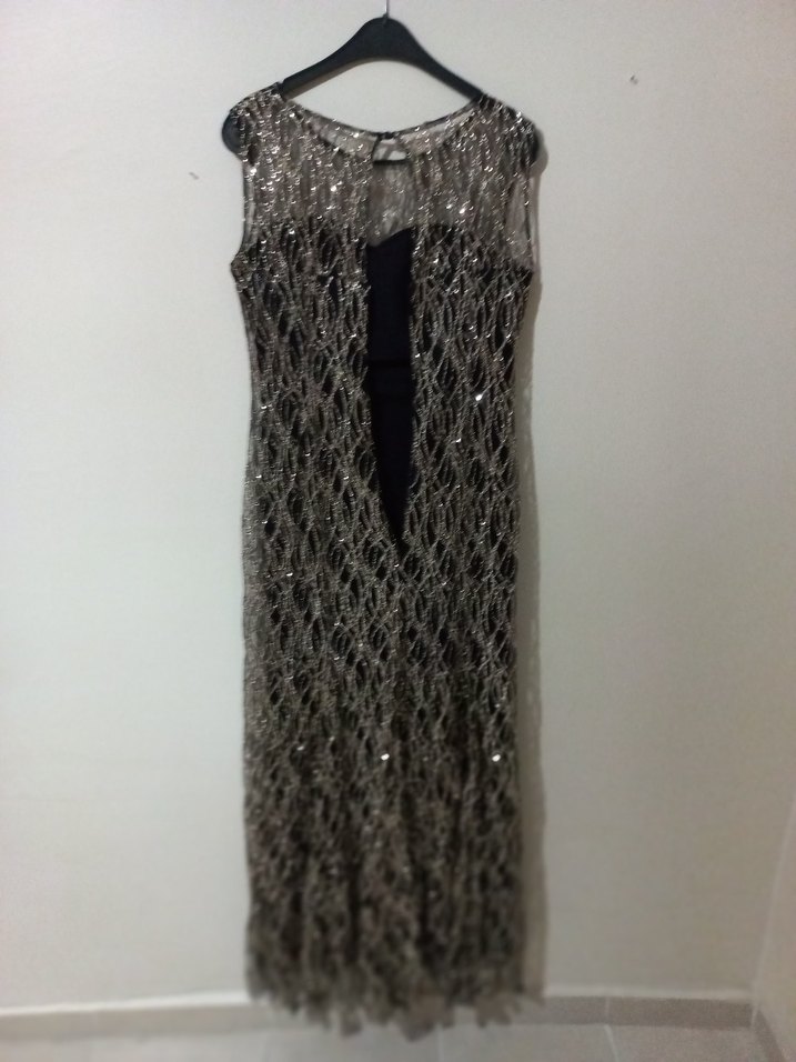 Gold  Dantel Detaylı Uzun Abiye Elbise - Görsel 4