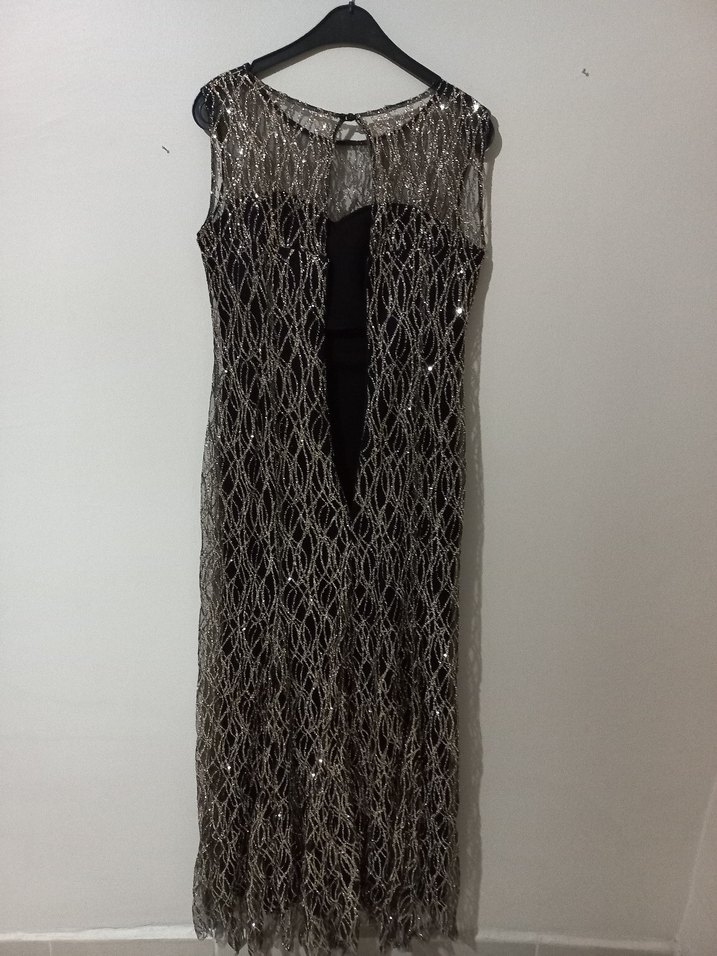 Gold  Dantel Detaylı Uzun Abiye Elbise - Görsel 5