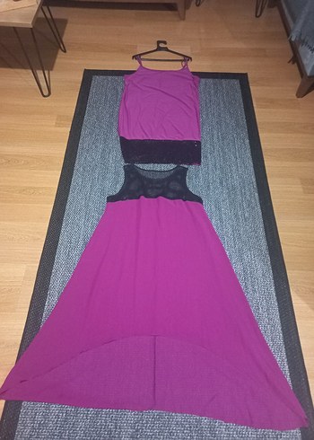 Siyah Üst Detaylı Mor Uzun Abiye Elbise - Görsel 9