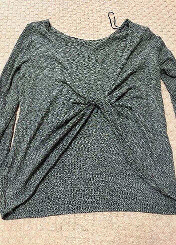 H&M Sırtı Açık Burma Düğüm Desenli Gri Triko Small 36 Bluz
