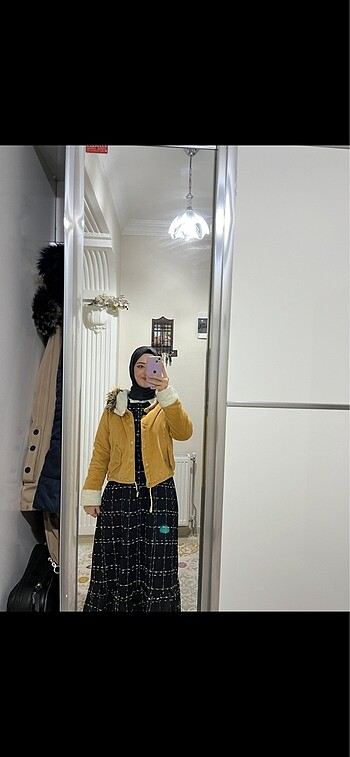 Yünlü yumoş hardal sari mont  - Görsel 6