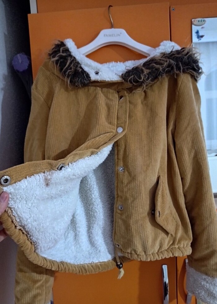 Yünlü yumoş hardal sari mont  - Görsel 4