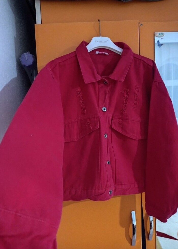 Keten kirmizi ceket - Görsel 3