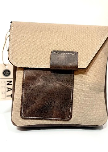 Acı kahve & Bej Hakiki Deri & kanvas Kumaş Unisex Omuz Çantası - Görsel 2