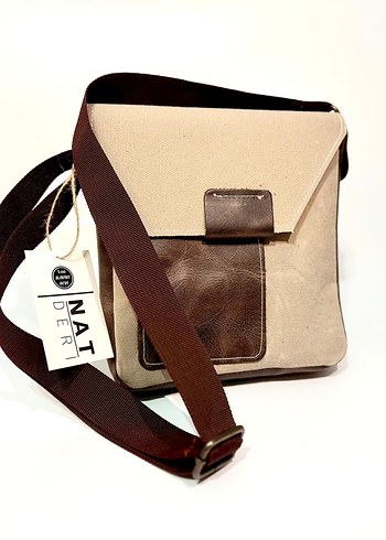 Acı kahve & Bej Hakiki Deri & kanvas Kumaş Unisex Omuz Çantası - Görsel 3