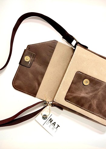 Acı kahve & Bej Hakiki Deri & kanvas Kumaş Unisex Omuz Çantası - Görsel 4