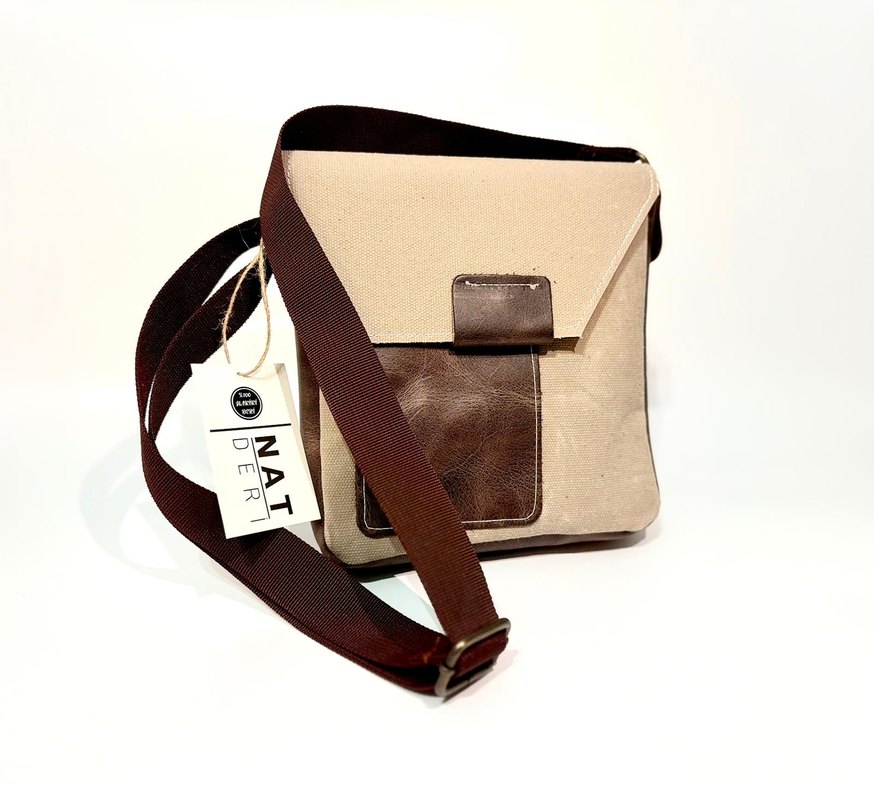 Acı kahve & Bej Hakiki Deri & kanvas Kumaş Unisex Omuz Çantası - Görsel 3