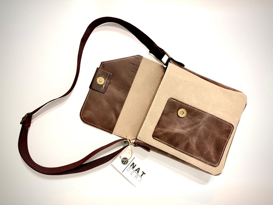 Acı kahve & Bej Hakiki Deri & kanvas Kumaş Unisex Omuz Çantası - Görsel 4