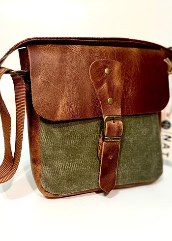 Hakiki Deri ve Kumaş Kahverengi Unisex Çapraz Çanta - Görsel 4