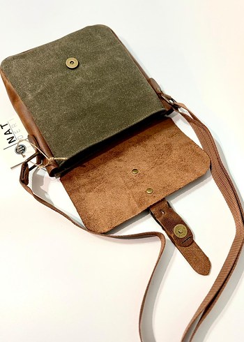 Hakiki Deri ve Kumaş Kahverengi Unisex Çapraz Çanta - Görsel 3