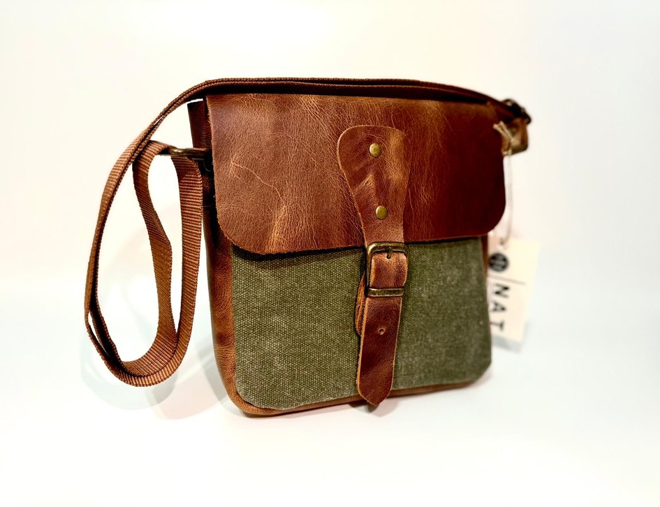 Hakiki Deri ve Kumaş Kahverengi Unisex Çapraz Çanta - Görsel 4