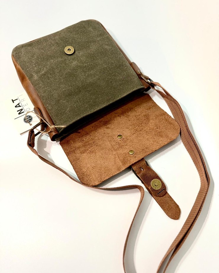 Hakiki Deri ve Kumaş Kahverengi Unisex Çapraz Çanta - Görsel 3