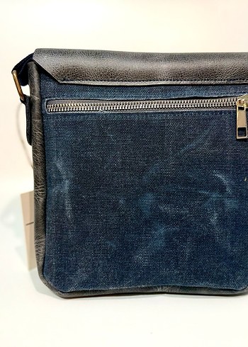 Hakiki deri & Kumaş Lacivert Unisex Omuz Çantası, Tokalı - Görsel 4