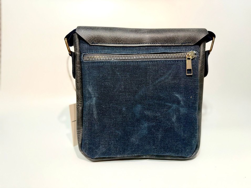 Hakiki deri & Kumaş Lacivert Unisex Omuz Çantası, Tokalı - Görsel 4