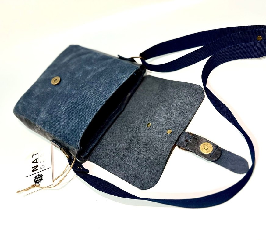 Hakiki deri & Kumaş Lacivert Unisex Omuz Çantası, Tokalı - Görsel 2