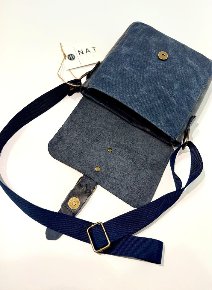 Hakiki deri & Kumaş Lacivert Unisex Omuz Çantası, Tokalı - Görsel 3