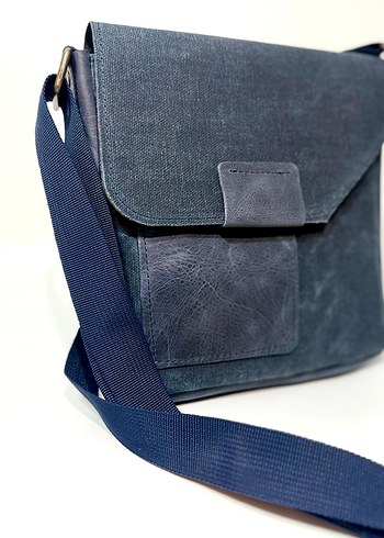 Mavi Hakiki Deri & Kumaş Unisex Omuz Çantası - Görsel 2