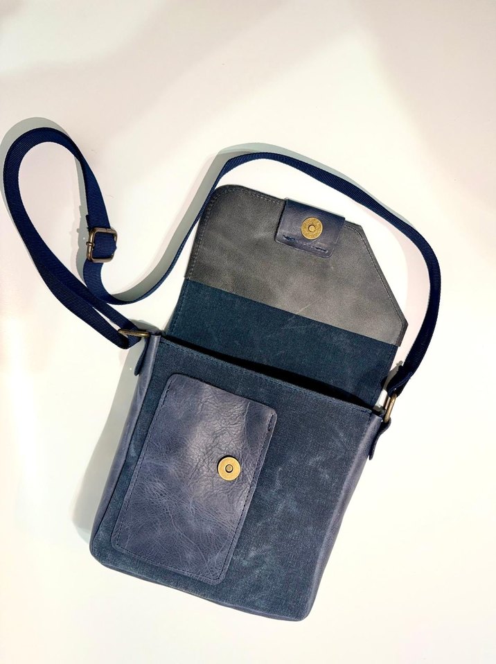 Mavi Hakiki Deri & Kumaş Unisex Omuz Çantası - Görsel 3