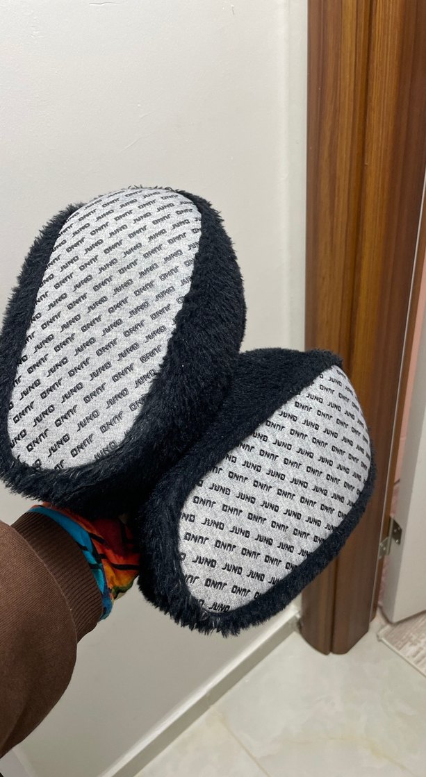 Kız Siyah Leopar Desenli Kürklü Sıcak Terlik - Görsel 2