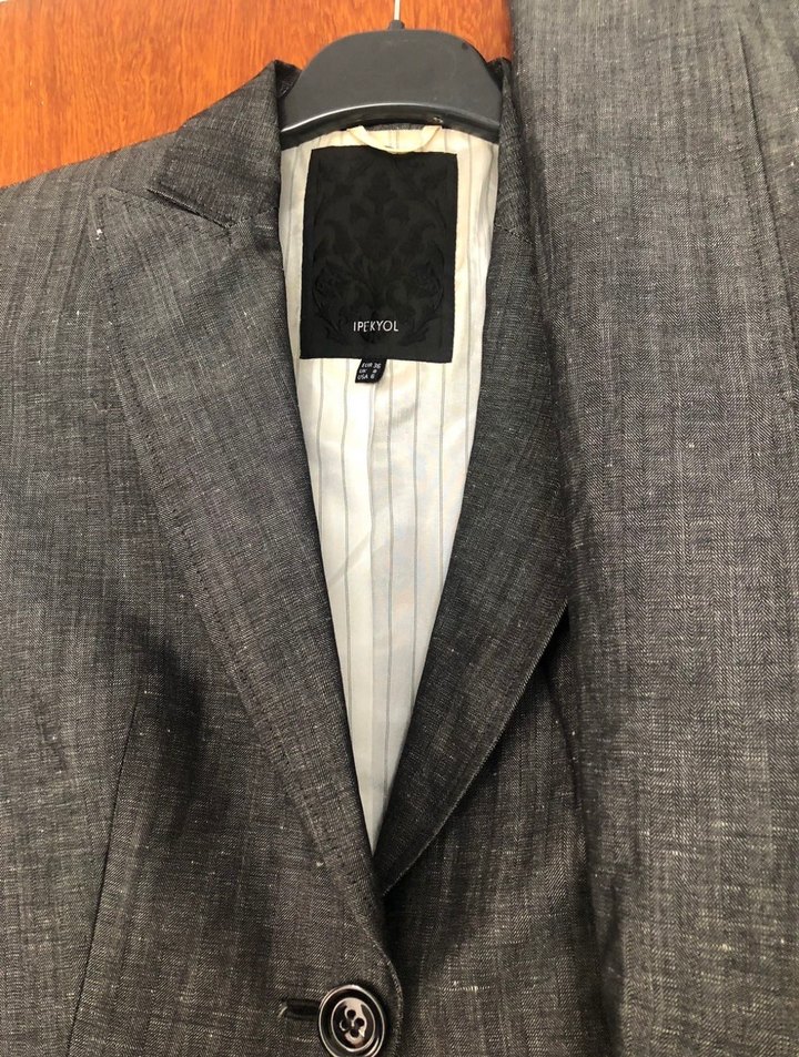 İpekyol Gri Düğmeli Kadın Keten Blazer Ceket etek - Görsel 2