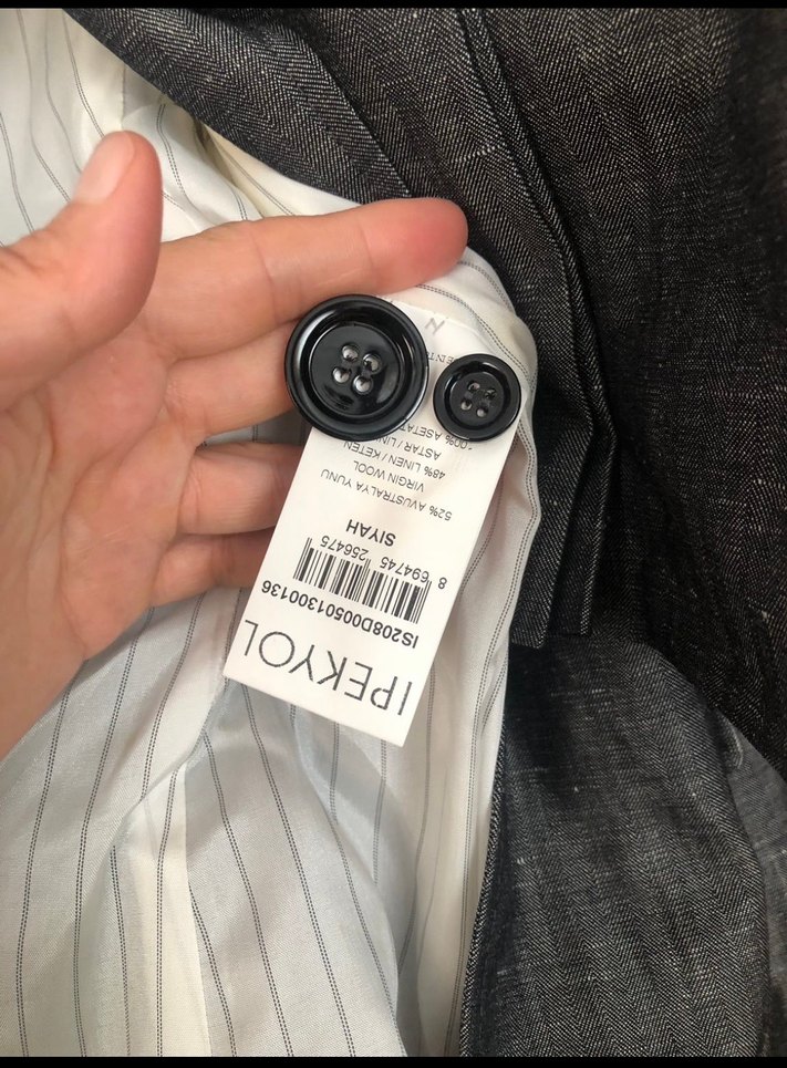 İpekyol Gri Düğmeli Kadın Keten Blazer Ceket etek - Görsel 3