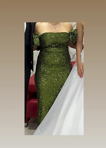 Yeşil Patetli Uzun Abiye Elbise - Görsel 3