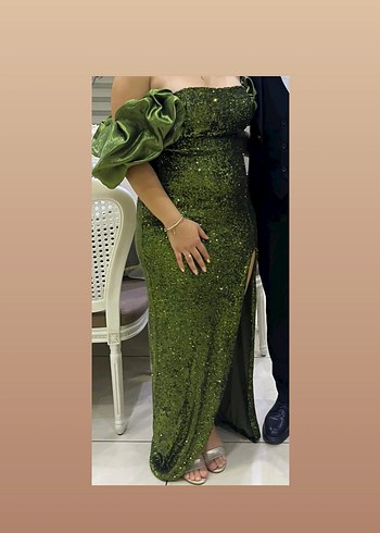 Yeşil Patetli Uzun Abiye Elbise - Görsel 2