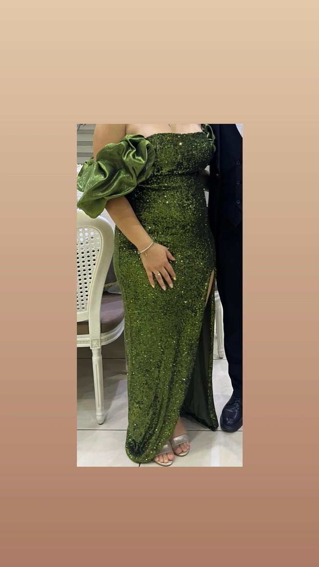 Yeşil Patetli Uzun Abiye Elbise - Görsel 2