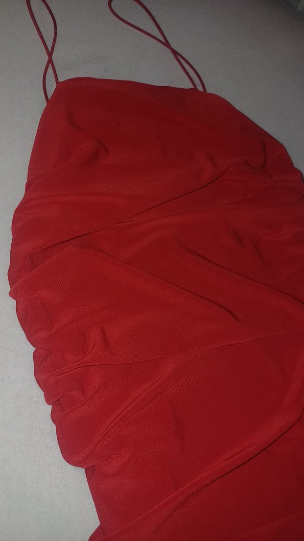 Kırmızı Drapeli İnce Askılı Midi Elbise - Görsel 2