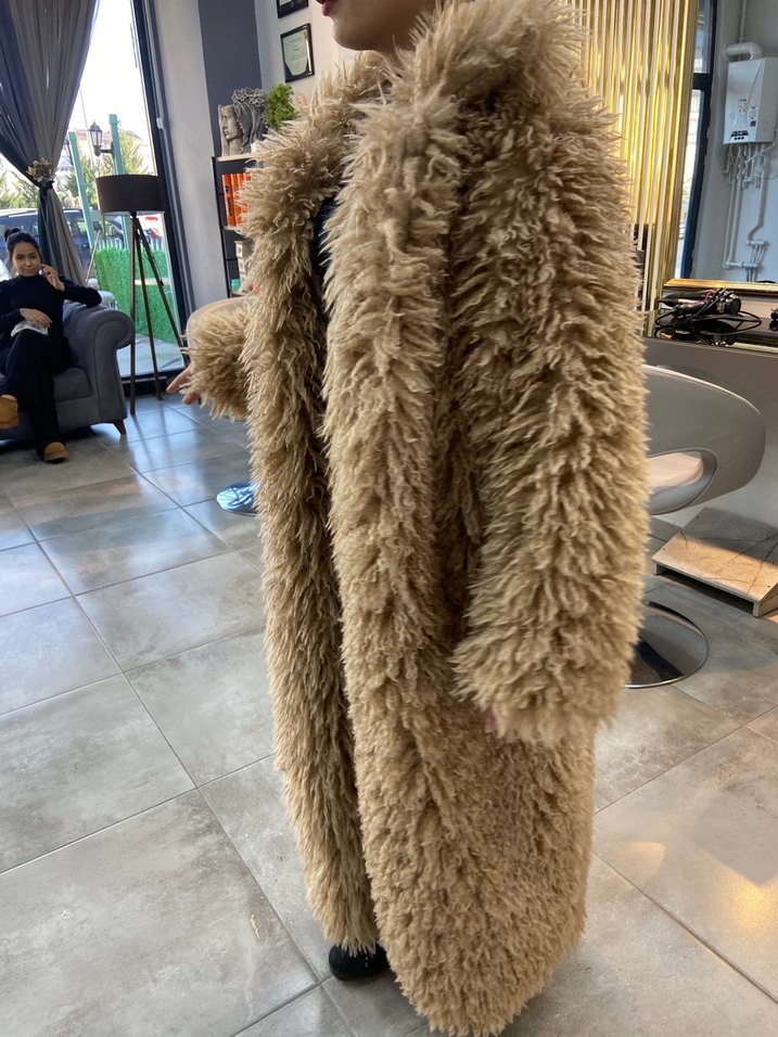 Kadın Kahverengi Uzun Peluş Kaban - Görsel 2