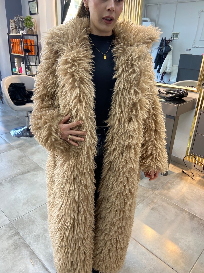 Kadın Kahverengi Uzun Peluş Kaban - Görsel 5