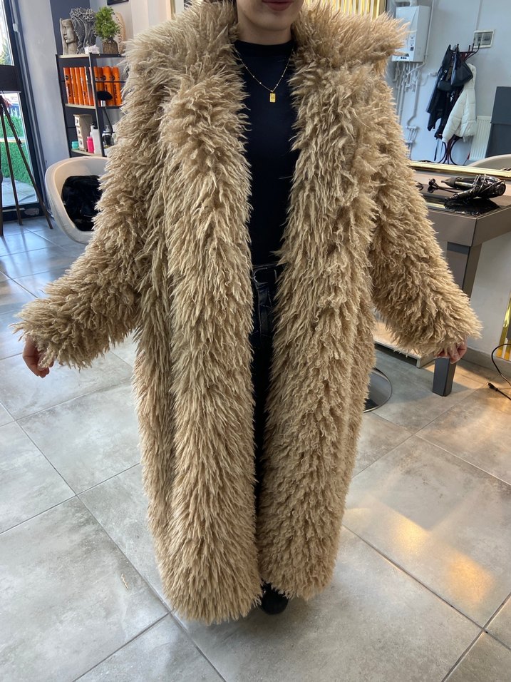 Kadın Kahverengi Uzun Peluş Kaban - Görsel 4