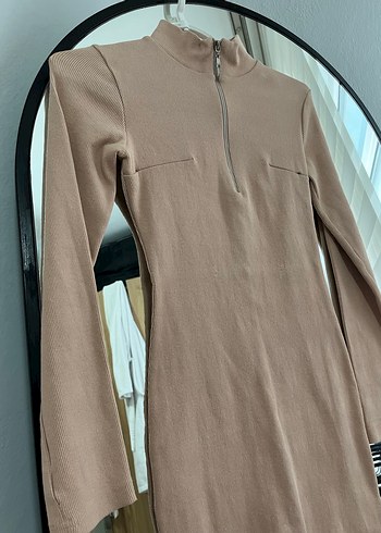 Bej Fermuarlı Midi Triko Elbise S-M - Görsel 3