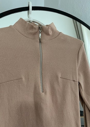 Bej Fermuarlı Midi Triko Elbise S-M - Görsel 2