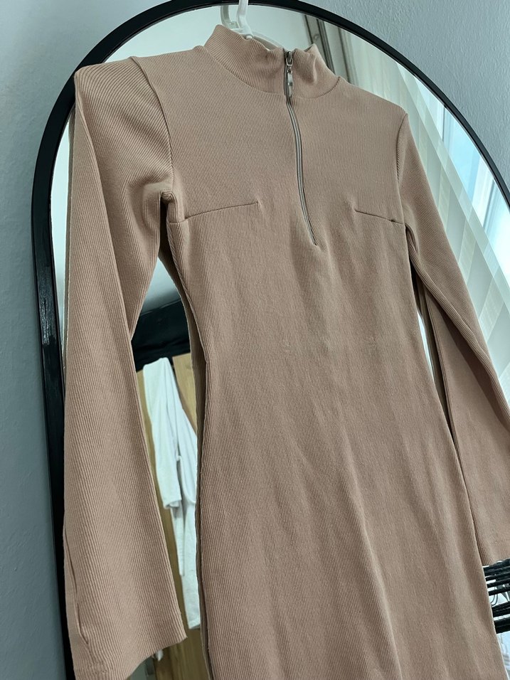 Bej Fermuarlı Midi Triko Elbise S-M - Görsel 3