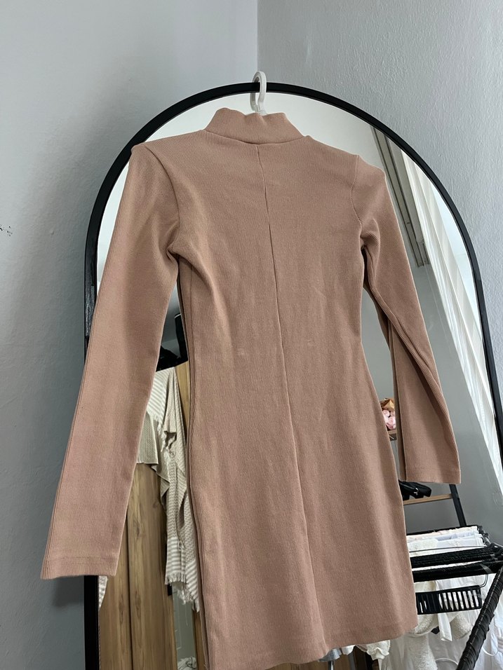 Bej Fermuarlı Midi Triko Elbise S-M - Görsel 4