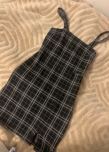 LC Waikiki Siyah Kareli Askılı Midi Elbise