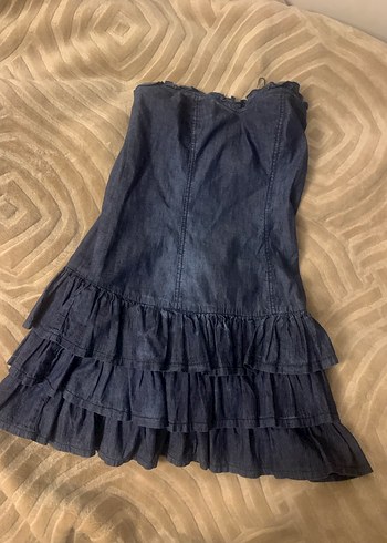 Kolsuz Lacivert Denim Midi Elbise