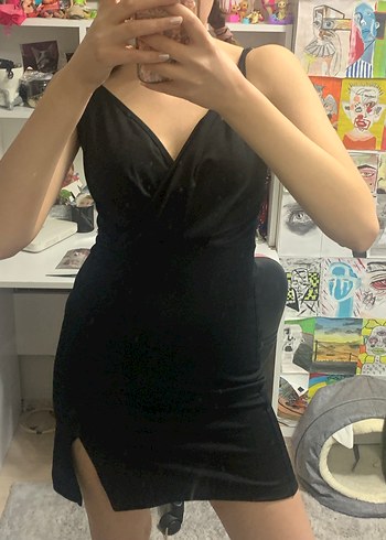 Siyah Deri Strappy Mini Elbise - Görsel 2