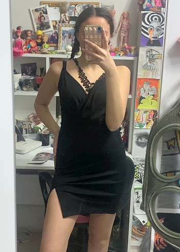 Siyah Deri Strappy Mini Elbise - Görsel 3