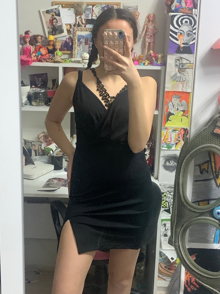 Siyah Deri Strappy Mini Elbise - Görsel 3